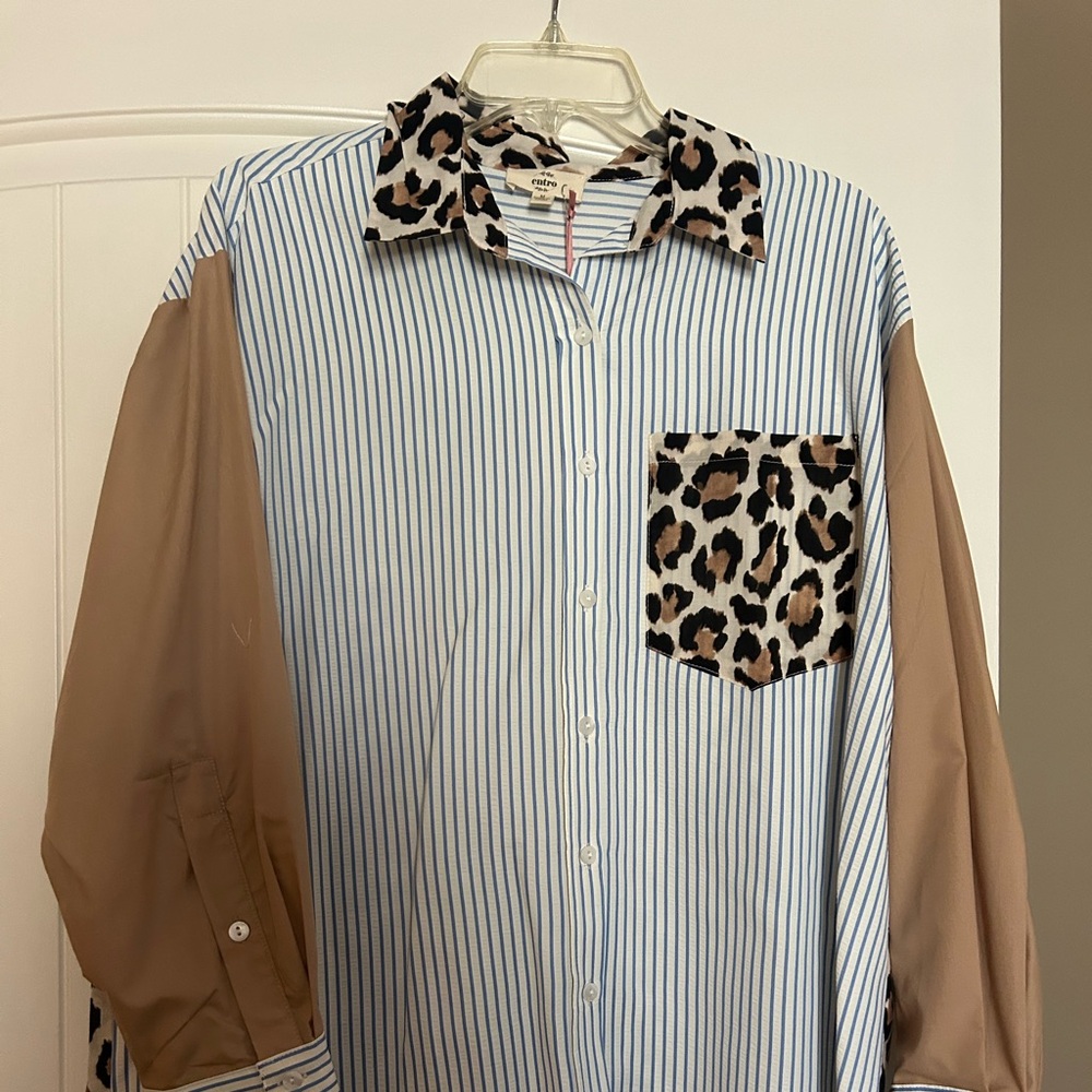 Entro Leopard and Stripe Blouse with Tan Sleeves